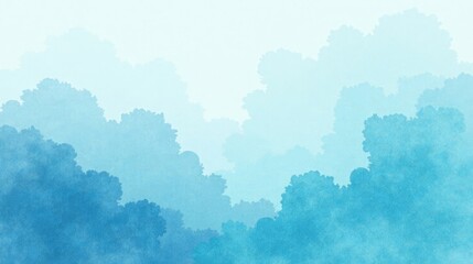 Serene Blue Hues A Dreamlike Watercolor Landscape Depicting a Misty, Cloud-like Forest Scene with Soft, Gradual Color Transitions from Light to Dark Blue Tones