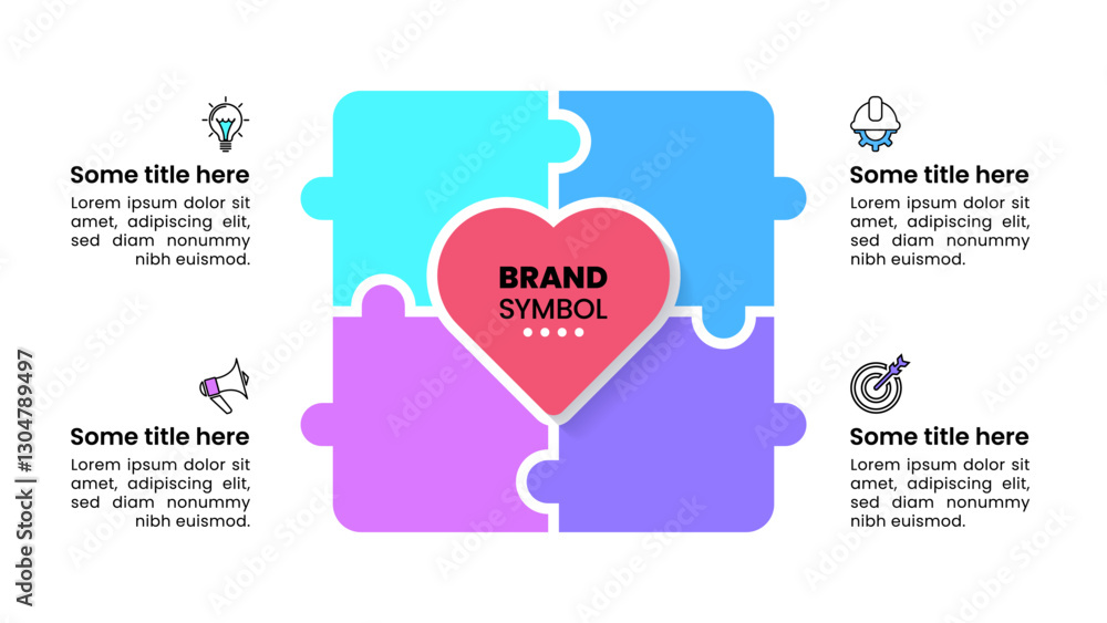 Poster infographic template. puzzle with heart in the middle and 4 steps