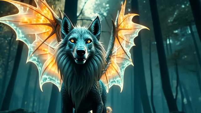 Glowing Winged Wolf in Dark Forest