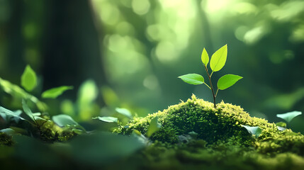 Green sprout in the forest with sunlight and moss