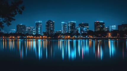 Fototapeta premium City skyline at night reflected in lake. Possible stock photo use Stock image of a city skyline at night, cityscape, city lights