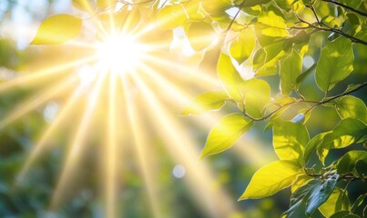 Obraz premium Sunbeams through leaves, forest backdrop, spring freshness, nature