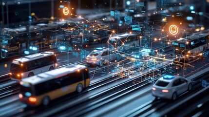 Obraz premium Electric Public Transport Intersection in a Modern City Filled with Smart Technology and Connectivity