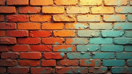 Fototapeta premium A Rustic Brick Wall with a Two-Tone Color Gradient of Warm Orange and Cool Teal Hues, Showing a Distressed Texture and Uneven Paint Application