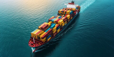Fototapeta premium Aerial View of Cargo Ship Full of Containers on Ocean