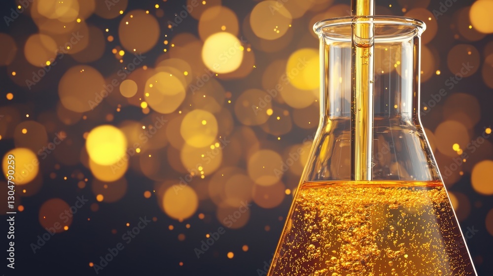 Poster glass laboratory flask with golden liquid and vibrant bokeh background for science and experimentati