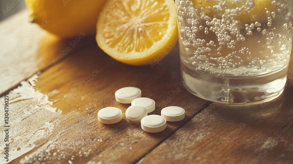 Poster lemon slices with effervescent water and dissolving tablets on a wooden surface, symbolizing refresh
