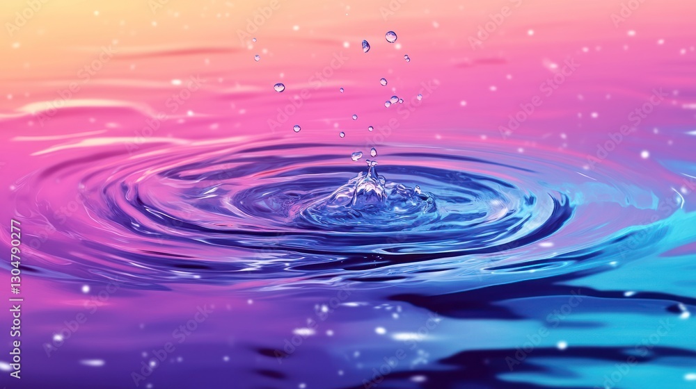 Poster aqueous drop impact creating expanding concentric circles in vividly hued liquid surfaces with mesme