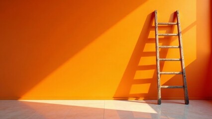 Wooden ladder leaning against vibrant orange wall bathed in sunlight casting dramatic shadows on a light-colored floor