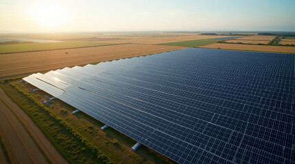 Expansive solar farm at sunrise harnessing renewable energy – sustainable power and clean technology for a greener future