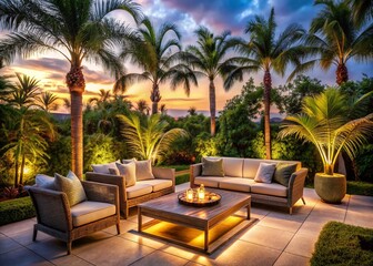 Fototapeta premium Twilight Palm Trees Outdoor Patio Seating Area - Relaxing Evening Ambiance Stock Photo