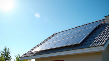 Obraz premium Modern solar panel installation on residential roof under clear blue sky – Renewable energy and sustainable living concept