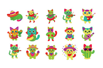 Obraz premium set of Colorful Cartoon vector Cats. Concept Cinco de mayo.