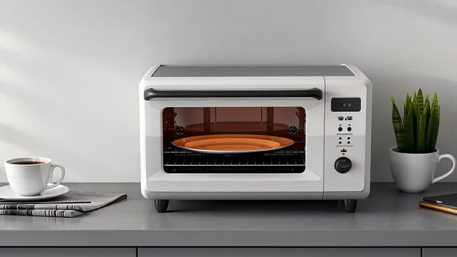 Toaster oven preheats while a cup of coffee waits, illustrating convenient meal preparation in a stylish kitchen