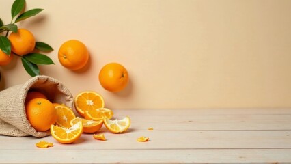 Fresh oranges spilling from a burlap sack onto a light wooden surface with a muted background