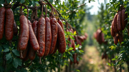 Plant based meat sausages grow on trees. Surreal wallpaper with meat analogue products.