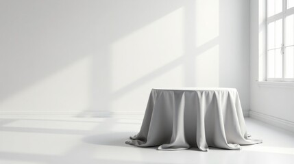 Fototapeta premium A Simple White Room with a Draped Table Ready for Display