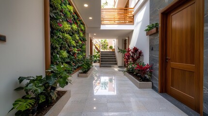 Modern Office Interior with Vertical Garden and Lush Greenery in Bright, Airy Space