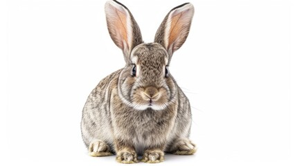 Obraz premium A gray rabbit with long ears stands on a white background.