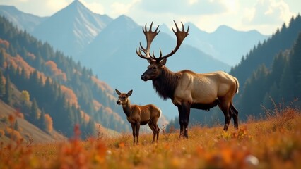 Fototapeta premium Majestic Elk and Fawn in Autumnal Mountain Meadow