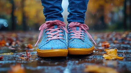 Pair of blue sneakers with pink laces on wet ground