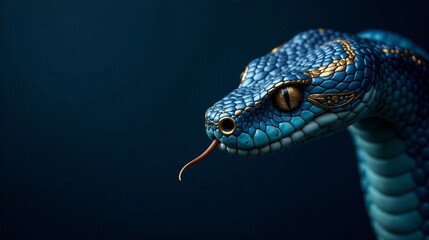 Obraz premium Close-up of a vibrant blue reptile with golden accents, its forked tongue extended, set against a deep blue backdrop.
