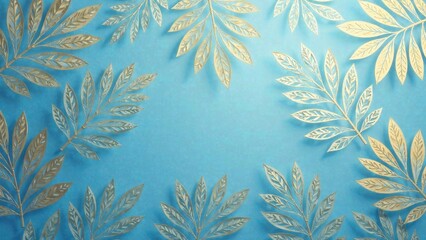 Elegant Golden Foliage Arranged on a Light Blue Background, Creating a Luxurious and Serene Aesthetic Perfect for Invitations, Announcements, or Decorative Purposes