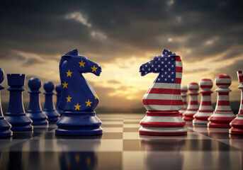 Europe and us trade war ,chessboard with the pieces engaged in strategic battle, political and economic conflict, sunset backdrop, EU and US political and economic fight for power worldwide