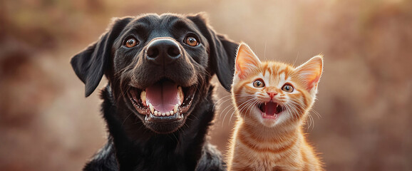 A playful black dog and a cheerful orange kitten smiling together, symbolizing the bond of friendship and joy between pets, showcasing the fun and love they share.