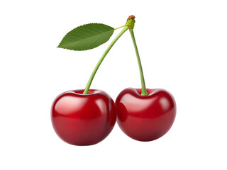 Two Red Cherries with Stem and Leaf, Fresh Fruit on transparent Background