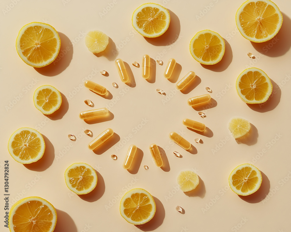 Aufkleber lemon slices and dietary capsules arranged in a circular pattern on a soft background with water dro