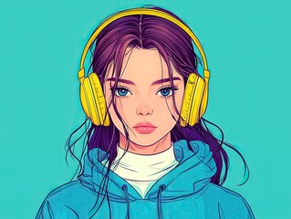 Stylish anime girl with headphones digital art vibrant colors urban environment close-up youth culture