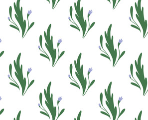 Seamless botanical pattern with tiny Blue Flowers and soft Green Leaves. Hand-drawn floral ornament for fabric, wallpaper, wrapping. Flat elegant vector illustration.