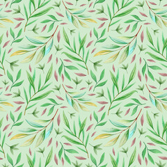 Obraz premium Seamless pattern with hand-drawn watercolor floral and leaves illustrations. Texture for wrapping paper, fabric, decor. Digital paper. Green background.