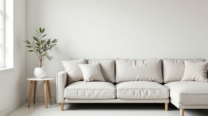 Naklejka premium Modern Sectional Sofa with Neutral Upholstery and Simple Plant Decor in Minimalist Room Setting
