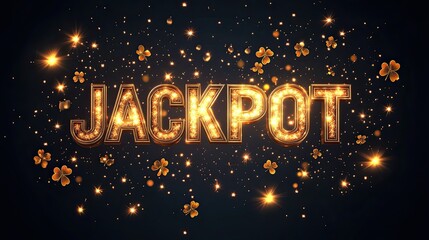 Sparkling golden jackpot letters with falling stars and four-leaf clovers on a dark navy background create a magical atmosphere of fortune