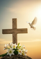 religion, arafed white dove, flying over holly wooden cross. Orthodox and catholic Christianity, god heaven symbols and decorations greeting card delivering peace and blessings and suffering