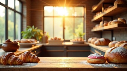 Golden Hour Bakery Display  Sweet Pastries and Crusty Breads on Rustic Wooden Countertop
