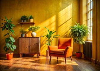 Urban Exploration: Sunlit Yellow Room, Orange Armchair, Vintage Cabinet, Plants