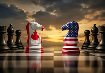 canada and us trade war ,chessboard with the pieces positioned engaged in strategic battle, political and economic  conflict, sunset backdrop,