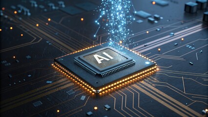 Futuristic AI Microchip on Circuit Board with Glowing Connections