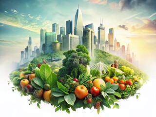Fototapeta premium Urban Food Forest: Double Exposure Cityscape & Nature Stock Photo