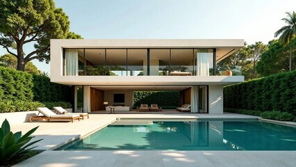 Fototapeta premium Modern Architectural Design Featuring Two-Story Residence with Infinity Pool and Lush Landscaping