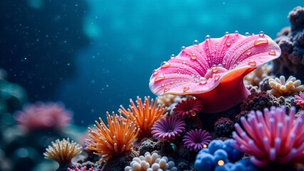Obraz premium Vibrant Underwater Scene Featuring Delicate Coral Blooms and Water Droplets Adorning a Striking Pink Flower-Shaped Sea Creature