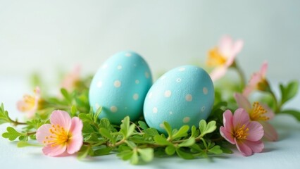 Fototapeta premium Pastel Blue Easter Eggs Nestled in Spring Blossoms, a Delightful Festive Image