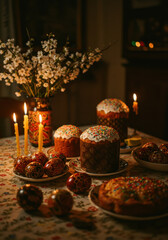 ostermotive painted easter eggs orthodox religion, Slavic bread, on the table in Russian flat home , ostern to celebrate Christ's coming back to life after the Crucifixion. Happy Easter!