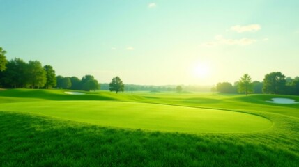 Serene Sunrise Over Lush Green Golf Course Putting Green with Undulating Fairways and Distant Trees