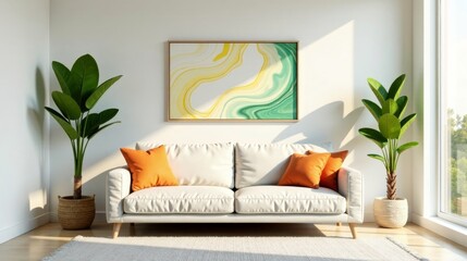 Modern Living Room Decor Sunlit Sofa with Abstract Artwork and Lush Greenery