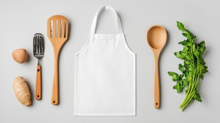 White Apron with Wooden Utensils and Fresh Herbs on Neutral Background