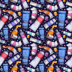 Watercolor painting art pattern. Brush, color, pencil, paints. Illustration isolated on dark background. Use it for postcards, invitations, and scrapbooking.